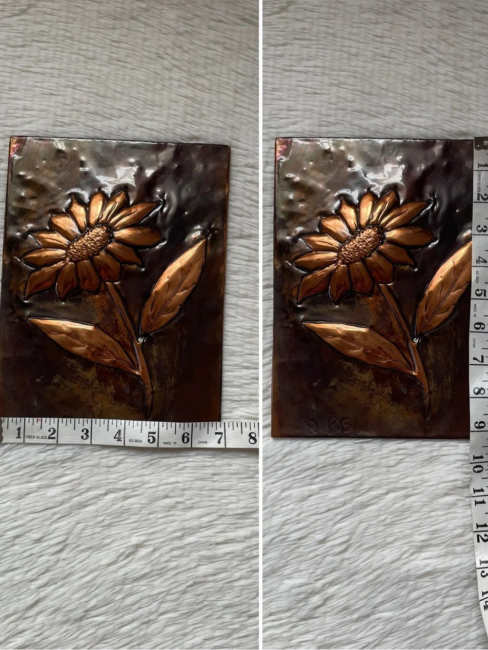 Vintage handmade signed bronze copper emboss 3D sunflower Art decor art
